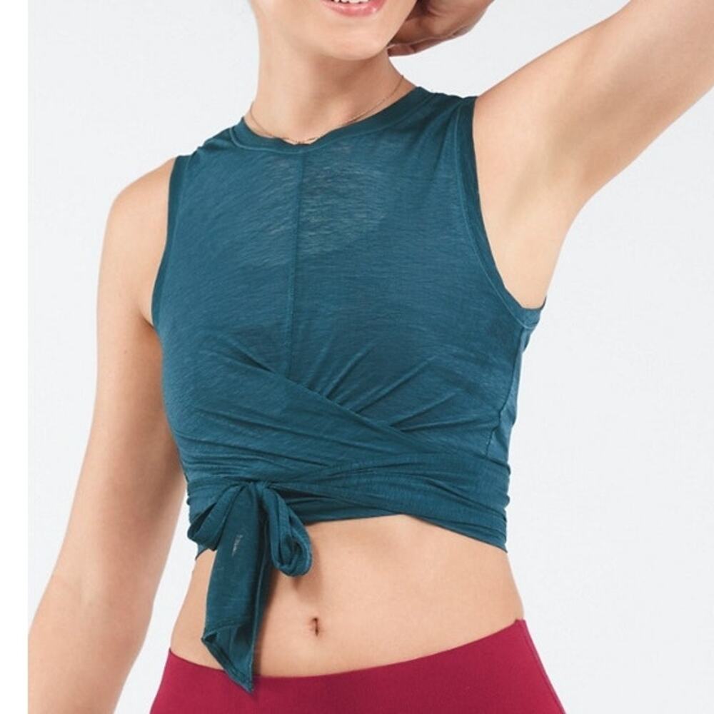 NEW Fabletics Ryan Tie Up Crop Tank Teal Lightweight Semi Sheer Women's Lg